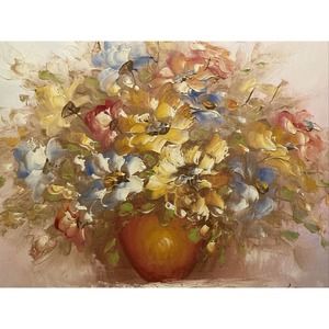 Original Oil on Canvas Painting Signed by Lopez Pinks, Warm Colors Flowers 17x21